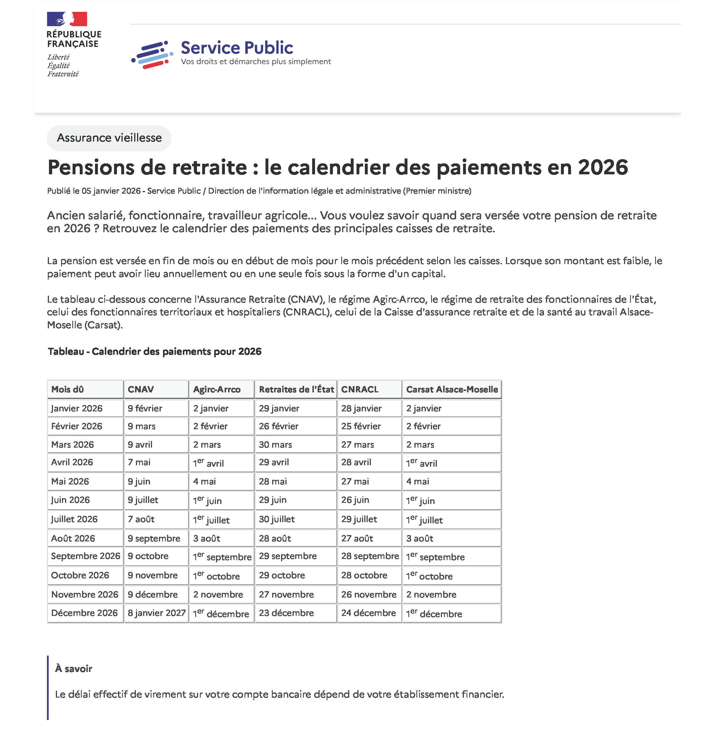 calendrier paiement retraite 2026