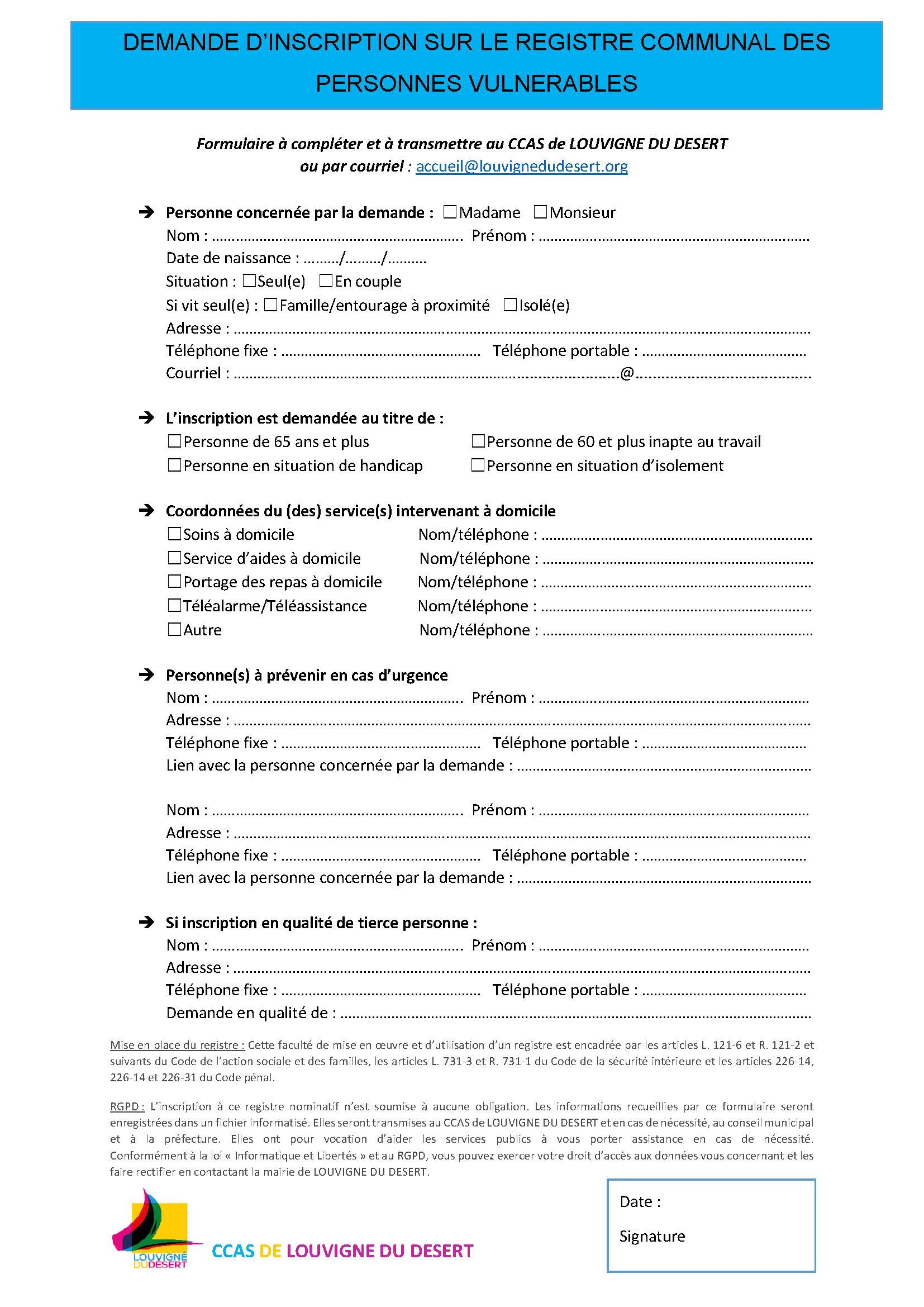 Formulaire registre personnes vulnérables